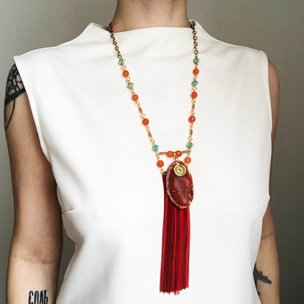 Red statement necklace long, accent colorful carnelian necklace